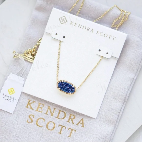 Kendra Scott Elisa Gold Short Pendant Necklace 15” w/2” extender in Blue Drusy - Picture 1 of 1